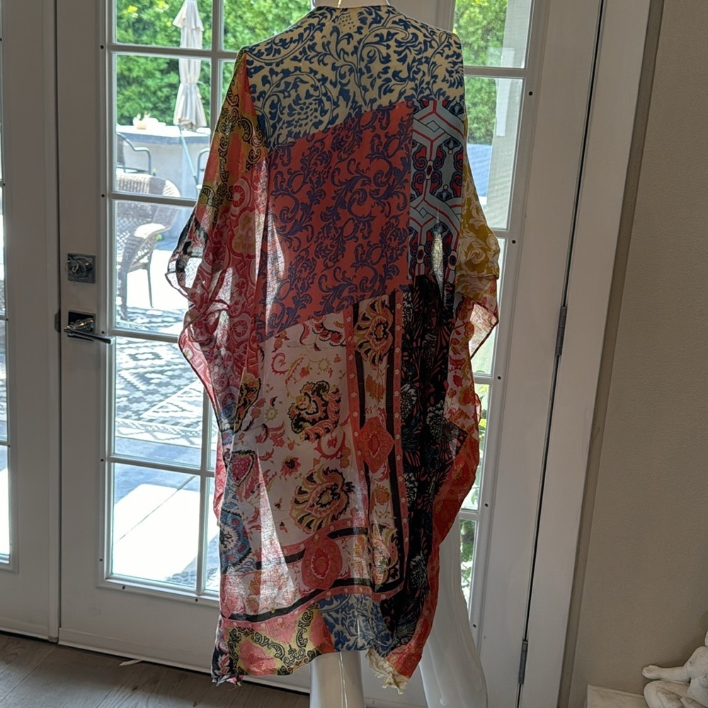 Boho Mixed Multicolored Print Semi Sheer Short Sleeve Open Kimono Jacket OS - Picture 4 of 10